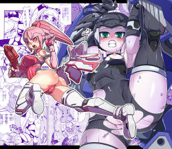 Rule 34 | 2girls, android, ass, breasts, colored skin, goth fashion, large breasts, machine, multiple girls, pink skin, purple skin, rape, robot, short twintails, thighhighs, twintails