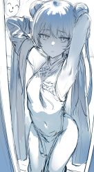 Rule 34 | 1girl, armpits, arms behind head, arms up, doodle sensei (blue archive), bare shoulders, blue archive, braid, braided bun, breasts, china dress, chinese clothes, coat, covered navel, double bun, dragon print, dress, hair bun, halo, hews, highres, kisaki (blue archive), long hair, long sleeves, looking at viewer, off shoulder, pelvic curtain, sensei (blue archive), short dress, side slit, sketch, small breasts, solo focus, thighs, twintails