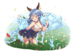 Rule 34 | 1girl, animal ears, bare legs, bare shoulders, beppo (granblue fantasy), blue hair, blush, bucketpurin, buttons, curly hair, double-breasted, dress, earrings, erune, ferry (granblue fantasy), field, flower, flower field, fugee (granblue fantasy), full body, geegee (granblue fantasy), ghost, granblue fantasy, hair between eyes, jewelry, kneeling, leaning forward, long hair, looking at another, nicola (granblue fantasy), outdoors, single earring, sleeveless, sleeveless dress, very long hair, yellow eyes, aged down