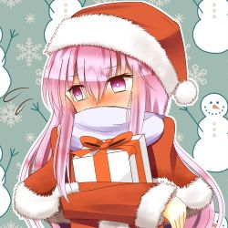 Rule 34 | 1girl, alternate costume, blush, box, capelet, embarrassed, gift, gift box, hat, hata no kokoro, highres, indo (mdtanaka2007), looking to the side, hugging object, pink eyes, pink hair, santa costume, santa hat, scarf, scarf over mouth, solo, touhou, upper body