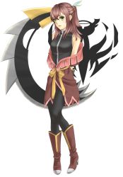 Rule 34 | 00s, 1girl, bare shoulders, bodysuit, boots, breasts, feathers, green eyes, highres, long hair, nan (tales), aged up, purple hair, tales of (series), tales of vesperia, weapon