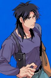 Rule 34 | 1boy, absurdres, belt, black belt, black eyes, black hair, blue background, blue pants, closed mouth, commentary request, cowboy shot, expressionless, grey shirt, highres, inudori, itou kaiji, kaiji, long hair, looking afar, male focus, medium bangs, pants, parted bangs, pouch, shirt, solo
