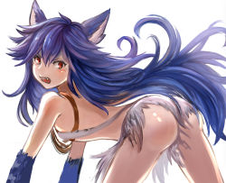 Rule 34 | 1girl, ahoge, all fours, animal ears, ass, bare shoulders, blue hair, fangs, fenrir (shingeki no bahamut), fur, granblue fantasy, hair between eyes, long hair, looking at viewer, looking back, open mouth, red eyes, ryami, simple background, solo, teeth, torn clothes, upper teeth only, v-shaped eyebrows, very long hair, white background, wolf ears
