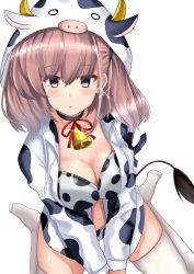 Rule 34 | 1girl, absurdres, alternate costume, anchor hair ornament, animal hood, animal print, atlanta (kancolle), bell, bikini, blush, breasts, choker, cleavage, cow print, cow tail, cowbell, earrings, fake horns, grey eyes, hair between eyes, hair ornament, highres, himura moritaka, hood, hood up, horns, jacket, jewelry, kantai collection, large breasts, long hair, long sleeves, looking at viewer, neck bell, parted lips, red ribbon, ribbon, simple background, single earring, sitting, solo, sparkle, star (symbol), star earrings, swimsuit, tail, thighhighs, two side up, white background, white thighhighs