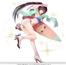 Rule 34 | 1girl, alternate costume, ass, bikini, bikini top only, blush, bracelet, breasts, brown eyes, brown hair, cameo, edge maverick, grin, hair ribbon, high heels, jewelry, leaning, leaning forward, long hair, looking at viewer, official art, ponytail, ribbon, saionji reimi, shawl, shiny clothes, shiny skin, short shorts, shorts, smile, solo, star ocean, star ocean anamnesis, star ocean the last hope, stuffed toy, surfboard, swimsuit, very long hair