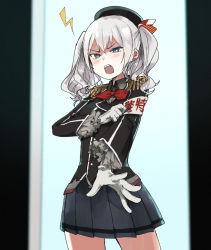 Rule 34 | 1girl, annin musou, armband, black jacket, blue eyes, borrowed design, breasts, buttons, cowboy shot, epaulettes, frilled sleeves, frills, gloves, grey skirt, highres, jacket, kantai collection, kashima (kancolle), long sleeves, looking at viewer, medium breasts, military, military jacket, military uniform, neckerchief, open mouth, pleated skirt, red neckerchief, sidelocks, silver hair, skirt, solo, standing, teeth, tsurime, twintails, uniform, upper teeth only, wavy hair, white gloves
