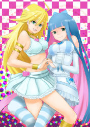 Rule 34 | 10s, 2girls, armband, blonde hair, breasts, cleavage, corset, green eyes, it apollo, long hair, midriff, multicolored hair, multiple girls, panty &amp; stocking with garterbelt, panty (psg), shirt, siblings, sisters, smile, stocking (psg), striped clothes, striped legwear, striped thighhighs, taut clothes, taut shirt, thighhighs, two-tone hair, wristband