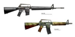 Rule 34 | assault rifle, asterozoa, carbine, commentary, concept art, english commentary, english text, fallout (series), fallout: new vegas, gun, highres, no humans, rifle, service weapon, simple background, weapon, weapon focus, white background