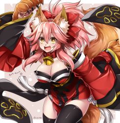 Rule 34 | 1girl, :d, animal ears, animal hands, bare shoulders, bell, black thighhighs, bow, breasts, cleavage, collar, cowboy shot, detached sleeves, fang, fate/grand order, fate (series), fox ears, fox girl, fox tail, hair bow, japanese clothes, jingle bell, large breasts, leaning forward, long sleeves, looking at viewer, neck bell, obi, open mouth, pink hair, red bow, sash, smile, solo, tail, takatsuki ichi, tamamo (fate), tamamo cat (fate), tamamo cat (first ascension) (fate), tamamo no mae (fate/extra), thighhighs, wide sleeves, yellow eyes