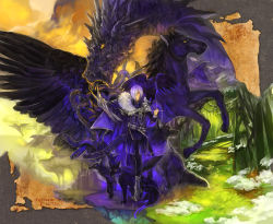 Rule 34 | 1boy, asymmetrical clothes, belt, bird, commentary request, dragon, fantasy, feathered wings, forest, fox, fur trim, hair over one eye, highres, hooves, horse, jewelry, kalevala, kouno hitaki, map, nature, original, pixiv fantasia, pixiv fantasia new world, purple hair, crow, ring, scales, slit pupils, snake, snow, tail, wings, wolf, yellow eyes