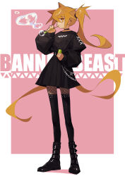Rule 34 | 1girl, absurdres, animal ears, black footwear, black shirt, black skirt, black thighhighs, blonde hair, boots, brown eyes, brown pantyhose, bubble pipe, colored shadow, fishnet pantyhose, fishnets, full body, hair between eyes, highres, holding, layered sleeves, long hair, long sleeves, miyama (tokiwairo8), original, pantyhose, pink background, pleated skirt, puffy long sleeves, puffy sleeves, shadow, shirt, short over long sleeves, short sleeves, side ponytail, skirt, solo, standing, tail, thighhighs, two-tone background, white background