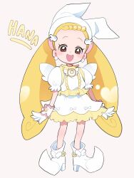 Rule 34 | 1girl, blonde hair, brown eyes, fuji (f ukkami), full body, gloves, hat, highres, long hair, looking at viewer, magical girl, makihatayama hana, ojamajo doremi, open mouth, pointy footwear, pointy hat, short bangs, smile, solo, twintails, white footwear, white hat, wing hair ornament