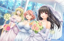 Rule 34 | 3girls, amabane nodoka, bare shoulders, black hair, blonde hair, blue eyes, blue gloves, blush, bouquet, breasts, bridal veil, bride, cleavage, dress, elbow gloves, floating hair, flower, game cg, gloves, hair flower, hair ornament, hands together, happy, higashiboujou akira, highres, holding, huge breasts, indoors, ishikei, jewelry, large breasts, long hair, looking away, love cube, medium breasts, multiple girls, necklace, open mouth, pearl necklace, purple gloves, red eyes, red hair, rose, shitaka iori, short hair, smile, standing, strapless, veil, wedding, wedding dress, white gloves, wind, yellow eyes