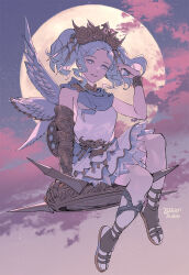 Rule 34 | 1girl, above clouds, arm support, artist name, asymmetrical wings, blue hair, blue sash, blue sky, bracelet, bright pupils, brown footwear, byuub, cloud, commentary, dated, disc, dress, english commentary, final fantasy, final fantasy xiv, floating, from side, full body, full moon, gauntlets, gladiator sandals, hand in own hair, hand up, highres, huge moon, jewelry, looking at viewer, menphina, moon, outdoors, parted lips, pink clouds, sandals, sash, short hair, short twintails, signature, single gauntlet, sitting, sky, sleeveless, sleeveless dress, smile, solo, tiara, toeless footwear, twintails, wavy hair, white dress, white pupils, white wings, wings