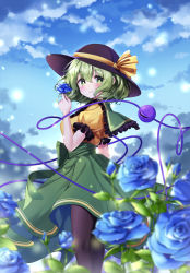 Rule 34 | 1girl, black hat, black pantyhose, blouse, blue flower, blue rose, blue sky, blurry, blush, cloud, day, east01 06, feet out of frame, flower, frilled shirt collar, frills, from behind, from side, green eyes, green hair, hair between eyes, hat, heart, heart of string, holding, komeiji koishi, looking at viewer, outdoors, pantyhose, pink flower, pink rose, purple flower, purple rose, red flower, red rose, ribbon, rose, shirt, short sleeves, skirt, sky, solo, standing, third eye, thorns, touhou, white flower, white rose, wide sleeves, yellow flower, yellow rose, yellow shirt