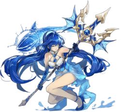 Rule 34 | 1girl, ark order, bare arms, blue eyes, blue footwear, blue hair, breasts, crown, fins, high heels, holding, holding weapon, kzhu, large breasts, leotard, long hair, mini crown, multicolored leotard, official art, polearm, poseidon (ark order), see-through body, shark, shoes, sidelocks, solo, squatting, tachi-e, thighlet, transparent background, trident, very long hair, water, weapon