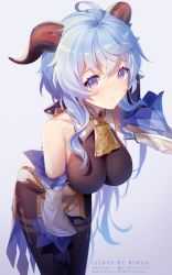 Rule 34 | 1girl, ahoge, artist name, bare shoulders, bell, black gloves, blue hair, bow, bowtie, breasts, curled horns, detached sleeves, ganyu (genshin impact), genshin impact, gloves, gold trim, highres, horns, leaning forward, long hair, looking at viewer, medium breasts, multicolored eyes, neck bell, rimuu, sidelocks, solo, standing, thighlet, white sleeves