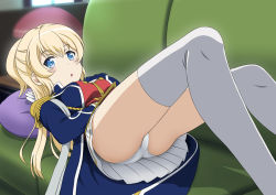 Rule 34 | 1girl, blonde hair, blue eyes, blush, breasts, couch, gloves, highres, hiraizumi (mugenkidousha), indoors, large breasts, long hair, looking at viewer, lying, military, military uniform, miniskirt, on back, on couch, open mouth, panties, pantyshot, pillow, regalia the three sacred stars, skirt, solo, thighhighs, underwear, uniform, upskirt, white gloves, white panties, white skirt, white thighhighs, yuinshiel asteria