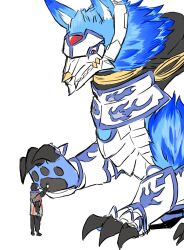 Rule 34 | armor, black hair, blue fire, claws, digimon, fenriloogamon, fire, highres, looking at another, nagasumi eiji, wolf