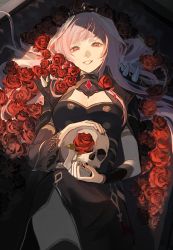 Rule 34 | 1girl, black cape, black dress, black nails, bracer, breasts, cape, cowboy shot, dress, flower, highres, holding, holding skull, hololive, hololive english, large breasts, long hair, long sleeves, looking at viewer, lying, mori calliope, nail polish, on back, pink hair, red flower, red rose, rose, ryuko lee, skull, solo, veil, virtual youtuber