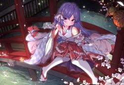 Rule 34 | 1girl, blush, bridge, casual, cherry blossoms, highres, hikotou (sao73cat), japanese clothes, japanese house, looking at viewer, off shoulder, purple eyes, purple hair, sitting, smile, water, white legwear