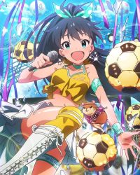 Rule 34 | 10s, 1girl, :d, aqua eyes, armband, ball, black hair, blush, boots, character name, confetti, crop top, crop top overhang, cross-laced footwear, earrings, fang, ganaha hibiki, hamster, hamuzou, idolmaster, idolmaster (classic), idolmaster million live!, jewelry, knee boots, lace-up boots, long hair, looking at viewer, microphone, midriff, navel, official art, open mouth, ponytail, shiny skin, skirt, smile, soccer ball, telstar, wristband