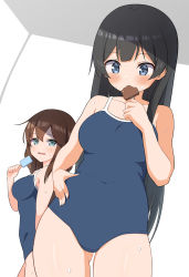 Rule 34 | 2girls, agano (kancolle), aqua eyes, bare arms, bare legs, bare shoulders, black hair, black one-piece swimsuit, blue eyes, blush, braid, breasts, brown hair, collarbone, competition school swimsuit, cowboy shot, food, hair between eyes, hekomii, highres, holding, holding food, kantai collection, large breasts, long hair, multiple girls, noshiro (kancolle), one-piece swimsuit, open mouth, popsicle, school swimsuit, swimsuit, twin braids