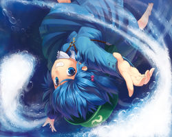 Rule 34 | 1girl, backpack, bag, barefoot, blue dress, blue eyes, blue hair, bubble, dress, female focus, grin, hair bobbles, hair ornament, hat, kanini, kawashiro nitori, key, looking at viewer, matching hair/eyes, outstretched arms, randoseru, smile, solo, submerged, touhou, twintails, two side up, upside-down, water