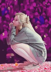 Rule 34 | 1girl, absurdres, black nails, bow, brown eyes, crowd, grey sweater, hair bow, highres, jiangkang meizi, k-pop, kneehighs, long hair, looking up, nike (company), no pants, own hands clasped, own hands together, pink bow, real life, realistic, sana (twice), shoes, smile, sneakers, socks, solo focus, squatting, sweater, twice (group), white footwear, white socks