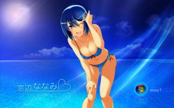 Rule 34 | 1girl, bent over, bikini, blue bikini, blue eyes, blue hair, breasts, cleavage, collarbone, hair ornament, highres, large breasts, leaning forward, long hair, looking at viewer, madobe nanami, matching hair/eyes, multicolored eyes, navel, ocean, one eye closed, open mouth, os-tan, short hair, smile, solo, swimsuit, water, windows 7