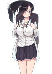 Rule 34 | 1girl, backpack, bag, black hair, blue eyes, blue skirt, breast pocket, breasts, collared shirt, cowboy shot, eyes visible through hair, facing viewer, hair over one eye, highres, lab coat, large breasts, legs together, long sleeves, looking at viewer, neck ribbon, original, pleated skirt, pocket, ponytail, red ribbon, ribbon, rucchiifu, school uniform, shirt, simple background, skirt, solo, standing, thigh gap, white background, white shirt, wing collar