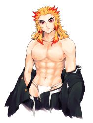 Rule 34 | 1boy, abs, absurdres, demon slayer uniform, forked eyebrows, highres, japanese clothes, kimetsu no yaiba, male focus, male underwear, mamimume momo, multicolored hair, muscular, muscular male, navel, nipples, orange hair, red eyes, red hair, rengoku kyoujurou, solo, stomach, topless male, two-tone hair, underwear, undressing