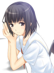 Rule 34 | 1girl, black eyes, black hair, blush, chair, closed mouth, collarbone, eyebrows, kimi kiss, long hair, looking at viewer, on chair, own hands together, red ribbon, ribbon, ribucci, school uniform, serafuku, shijou mitsuki, short hair, short sleeves, sitting, smile, solo, upper body, white background