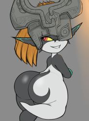 Rule 34 | 1girl, ass, colored sclera, crossed arms, demon girl, fang, headpiece, highres, huge ass, kierus, long hair, looking back, midna, nintendo, orange hair, pointy ears, red eyes, smile, solo, the legend of zelda, the legend of zelda: twilight princess, thick thighs, thighs, wide hips, yellow sclera