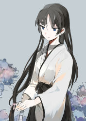 Rule 34 | 1girl, black hair, blue eyes, closed mouth, commentary request, copyright request, hakama, hakama skirt, hands on hilt, japanese clothes, long hair, long sleeves, looking down, lowe (slow), skirt, solo, standing, upper body, wide sleeves