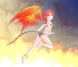 Rule 34 | 1girl, 342 (artist), anklet, barefoot, bikini, black bikini, bracelet, breasts, dragon girl, dragon horns, dragon tail, dragon wings, fire, full body, horns, jewelry, looking back, midair, original, outdoors, pointy ears, red eyes, red hair, small breasts, solo, swimsuit, tail, wings