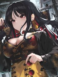 Rule 34 | 1girl, absurdres, black hair, breasts, chinese knot, cityscape, cleavage, clothing cutout, dress, earrings, gloomyowl, goddess of victory: nikke, gun, highres, holding, holding gun, holding weapon, jewelry, leg cutout, long hair, moran (nikke), multicolored hair, ornate clothes, red-tinted eyewear, red eyes, tassel, tassel earrings, tinted eyewear, two-tone dress, two-tone hair, unworn eyewear, weapon, yellow dress