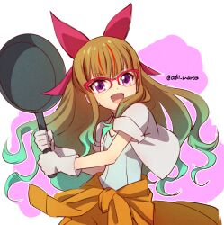 Rule 34 | 1girl, artist name, bow, brown hair, frying pan, glasses, gloves, gradient hair, hair bow, holding, holding frying pan, long hair, multicolored hair, ochi marco, ohdo yuamu, open mouth, purple eyes, smile, white gloves, yu-gi-oh!, yu-gi-oh! go rush!!