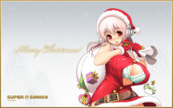 Rule 34 | 1girl, bare shoulders, bell, belt, blush, bra, breasts, bursting breasts, character name, cleavage, fur trim, gift, gloves, green bra, hat, headphones, highres, huge breasts, large breasts, lingerie, merry christmas, nitroplus, open clothes, pink hair, popped button, red eyes, sack, santa costume, santa hat, snowflakes, solo, super sonico, tsuji santa, underwear, wallpaper
