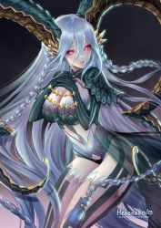 Rule 34 | 1girl, blush, braid, breasts, chain, cleavage, crossed arms, crossed bangs, curled horns, fate/grand order, fate (series), gloves, gradient background, grey background, hair between eyes, hands on own chest, heheneko, horns, large breasts, long hair, long horns, looking at viewer, navel, parted lips, pink eyes, pointy ears, pubic tattoo, smile, stomach tattoo, striped clothes, striped gloves, symbol-shaped pupils, tail, tattoo, thighs, tiamat (fate), twin braids, vertical-striped clothes, vertical-striped gloves, very long hair, x-shaped pupils