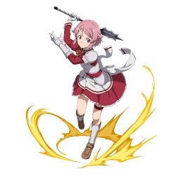 Rule 34 | 1girl, apron, arm up, armor, back bow, boots, bow, breastplate, brown bow, frilled skirt, frills, full body, gloves, hair ornament, hairclip, holding, holding weapon, jacket, knee boots, leaning forward, lisbeth (sao), looking at viewer, miniskirt, pauldrons, pink hair, pleated skirt, red eyes, red jacket, red skirt, short hair, shoulder armor, simple background, skirt, smile, solo, sword art online, sword art online: memory defrag, thigh strap, waist apron, weapon, white apron, white background, white bow, white gloves