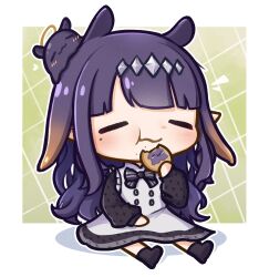 Rule 34 | 1girl, :t, = =, apron, black bow, black bowtie, black dress, black hair, blunt bangs, blush, bow, bowtie, chibi, chibi only, closed eyes, commentary, cookie, creature on head, dress, eating, english commentary, flat chest, food, food on face, full body, highres, hololive, hololive english, long hair, long sleeves, mole, mole under eye, moon ldl, ninomae ina&#039;nis, ninomae ina&#039;nis (6th costume), ninomae ina&#039;nis (pastry chef), pointy ears, solo, takodachi (ninomae ina&#039;nis), very long hair, virtual youtuber, white apron