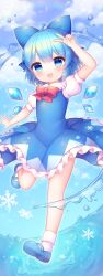 Rule 34 | 1girl, absurdres, blue bow, blue dress, blue eyes, blue footwear, blue hair, blush, bow, cirno, coa (chroo x), collared shirt, detached wings, dress, fairy, frilled dress, frills, full body, hair between eyes, hair bow, highres, ice, ice wings, open mouth, shirt, shoes, short hair, short sleeves, smile, socks, solo, touhou, v, white shirt, white socks, wings