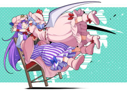 Rule 34 | 2girls, bat wings, blue hair, blush, book, boots, chair, closed eyes, crescent, crescent hat ornament, dotted background, dress, eichi yuu, fang, hair ribbon, hat, hat ornament, jumping, light blue hair, long hair, long sleeves, mob cap, multiple girls, open mouth, patchouli knowledge, pink dress, pointy ears, purple eyes, purple hair, red ribbon, remilia scarlet, ribbon, short hair, short sleeves, striped clothes, striped dress, touhou, wide sleeves, wings, wristband
