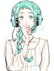 Rule 34 | 1girl, aged up, aqua eyes, aqua hair, atlus, braid, headphones, headset, jewelry, long hair, looking at viewer, microphone, necklace, persona, persona 3, persona 4: the ultimate in mayonaka arena, simple background, sketch, solo, sutei (giru), upper body, white background, yamagishi fuuka