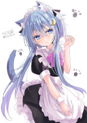 Rule 34 | 1girl, absurdres, alternate costume, animal ears, apron, artist logo, black dress, blue eyes, blue hair, cat ears, cat tail, dress, enmaided, frilled apron, frills, highres, hizaka, kantai collection, maid, maid headdress, one-hour drawing challenge, paw print, short hair with long locks, solo, tail, white apron, white background, wrist cuffs, yayoi (kancolle)