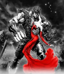 Rule 34 | 1boy, 1girl, bare shoulders, breasts, building, cleavage, clenched hand, closed eyes, cloud, cloudy sky, constellation, dress, greyscale, hara tetsuo, highres, hokuto ga gotoku, hokuto no ken, kenshiro, large breasts, lightning, long hair, manly, monochrome, muscular, official art, red dress, ruins, serious, short hair, sky, spot color, star (sky), strapless, strapless dress, veins, yuria (hokuto no ken)