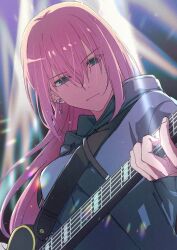 Rule 34 | 1girl, aged up, blue eyes, blue hoodie, bocchi the rock!, breasts, closed mouth, earrings, electric guitar, gotoh hitori, guitar, hair between eyes, highres, holding, holding instrument, hood, hood down, hoodie, instrument, jewelry, large breasts, long hair, long sleeves, lowlifescore, music, pink hair, playing instrument, serious, solo, sweatdrop, upper body