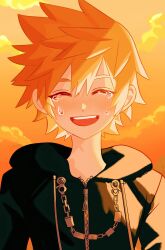 Rule 34 | 1boy, absurdres, black coat, black coat (kingdom hearts), blonde hair, closed eyes, cloud, cloudy sky, coat, commentary, crying, happy, highres, hood, hood down, kingdom hearts, kingdom hearts ii, kingdom hearts iii, kishiki0318, male focus, open mouth, roxas, short hair, sky, smile, solo, spiked hair, symbol-only commentary, teeth, twilight, upper body, upper teeth only