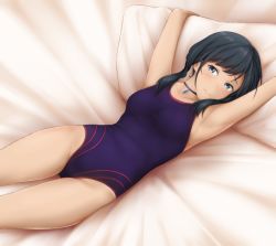 Rule 34 | 1girl, amano hina (tenki no ko), armpits, arms up, bed sheet, black hair, blue eyes, blue one-piece swimsuit, blush, breasts, closed mouth, collarbone, competition swimsuit, jewelry, long hair, looking at viewer, lying, medium breasts, on back, one-piece swimsuit, pendant, pillow, solo, swimsuit, tenki no ko, yyi